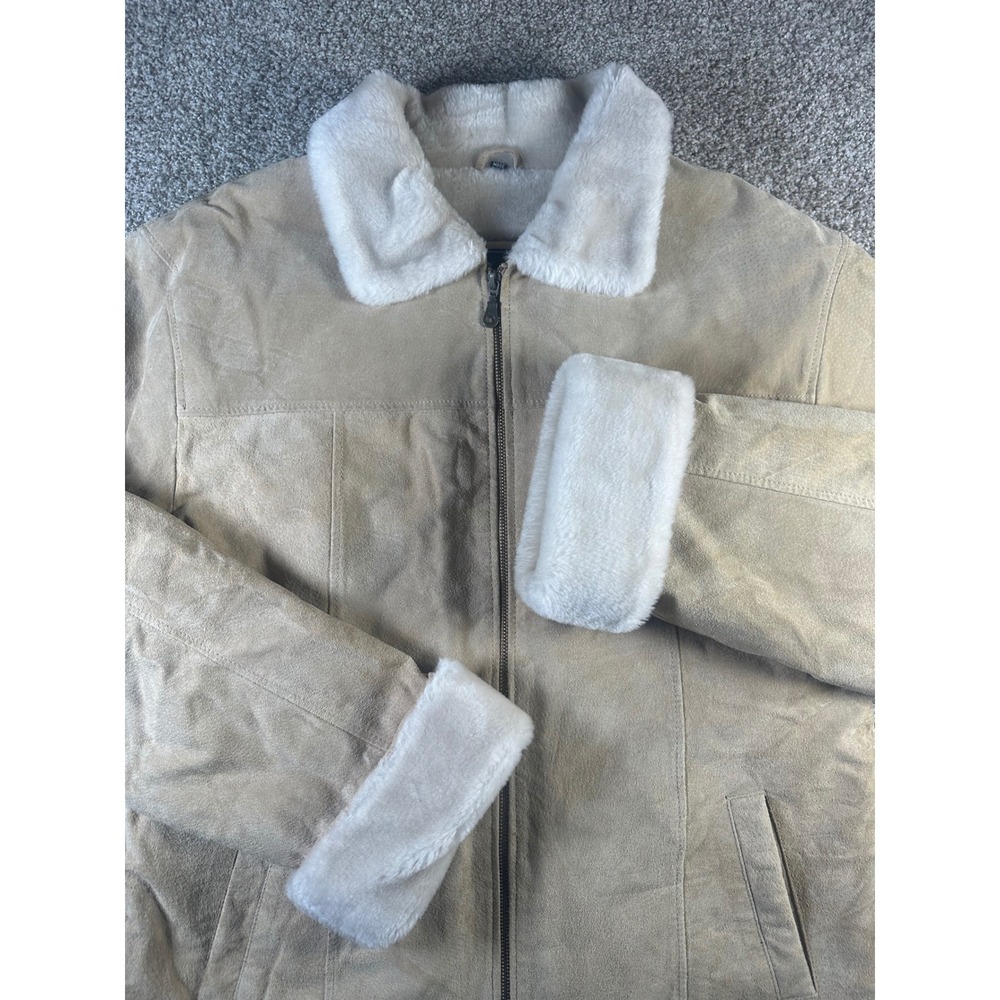 Adler Collection Tan Suede Leather Jacket Faux Fur Collar Cuffs Mens Large Zip
